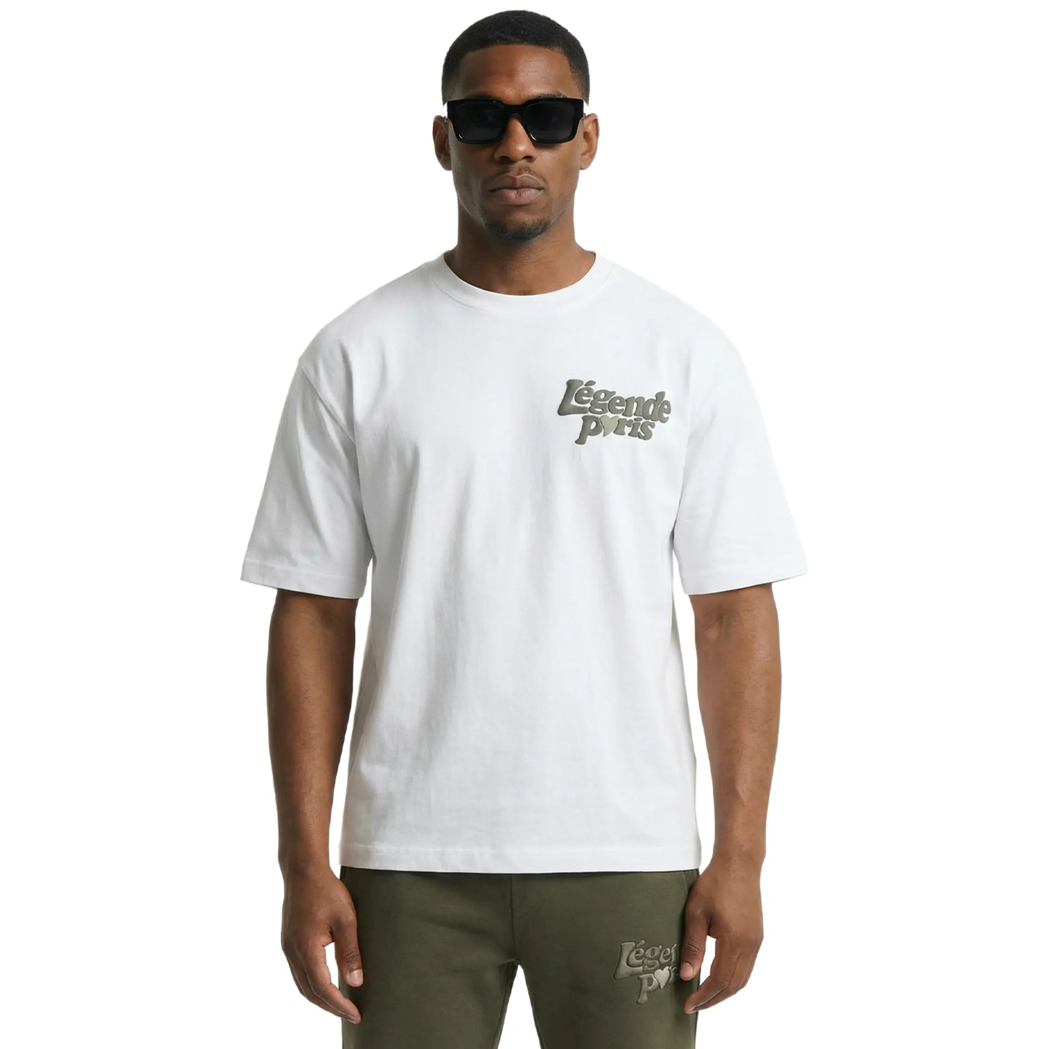 Model Front View of Légende Paris Lnd White Khaki T Shirt LPTEE177